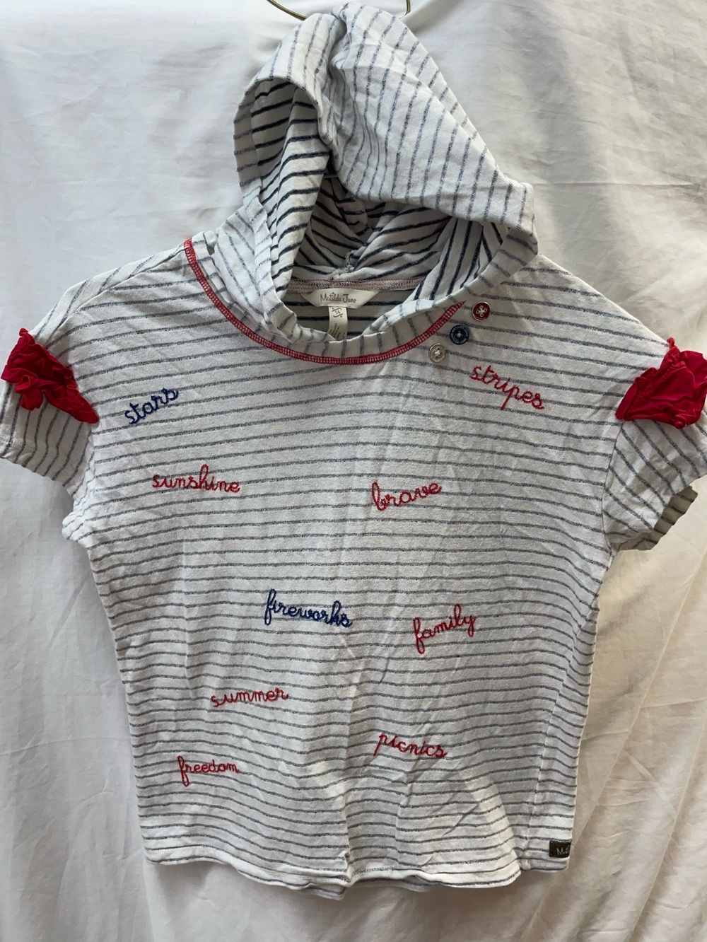 Matilda Jane Mini Boden White & Navy Striped Hooded Tee/Red Accents sz 14